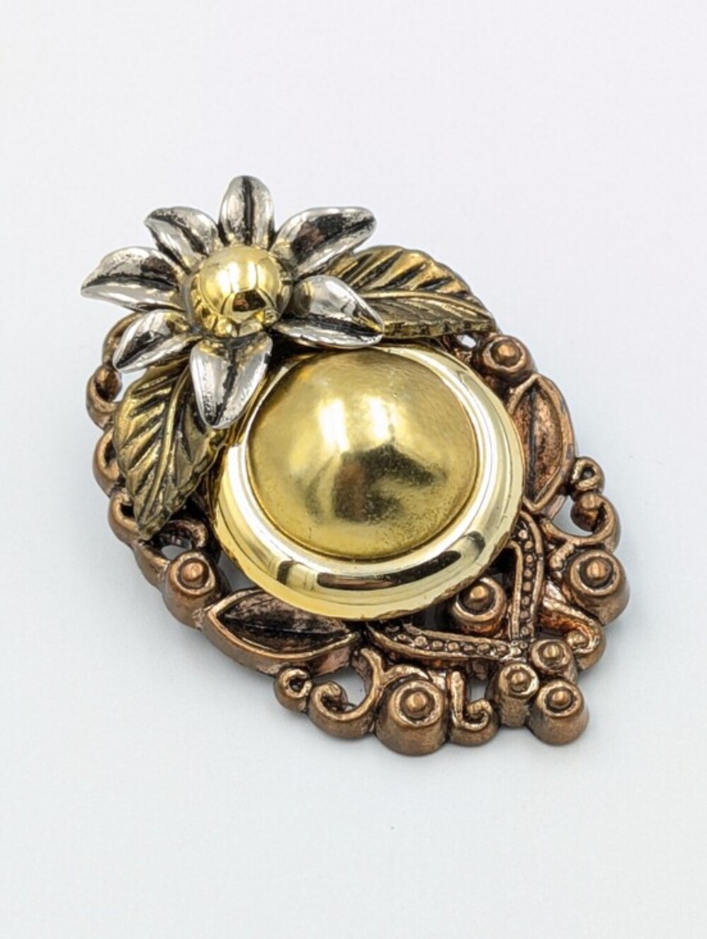 Vintage unique floral silver tone and gold tone brooch pin